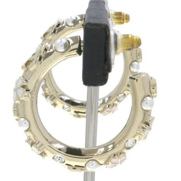 CHANEL CC Rhinestone Pearl Clover Camellia Hoop Earrings Gold Tone B22S Auth D-r - Picture 3 of 9